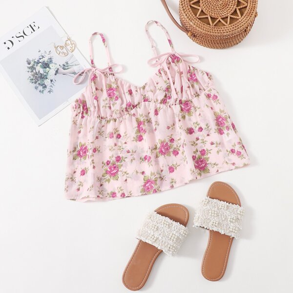 

Floral Print Ruched Bust Cami Top, Baby pink