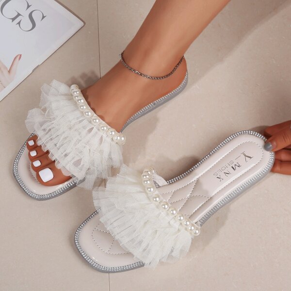 

Faux Pearl Decor Ruffle Trim Slide Sandals, Beige