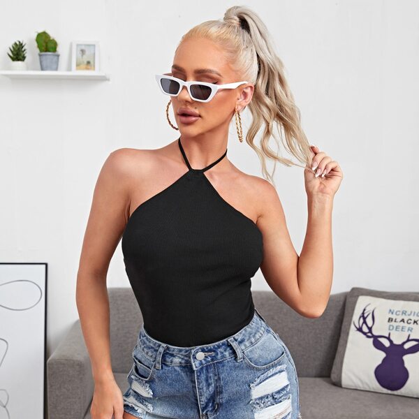 

Solid Rib-knit Halter Top, Black