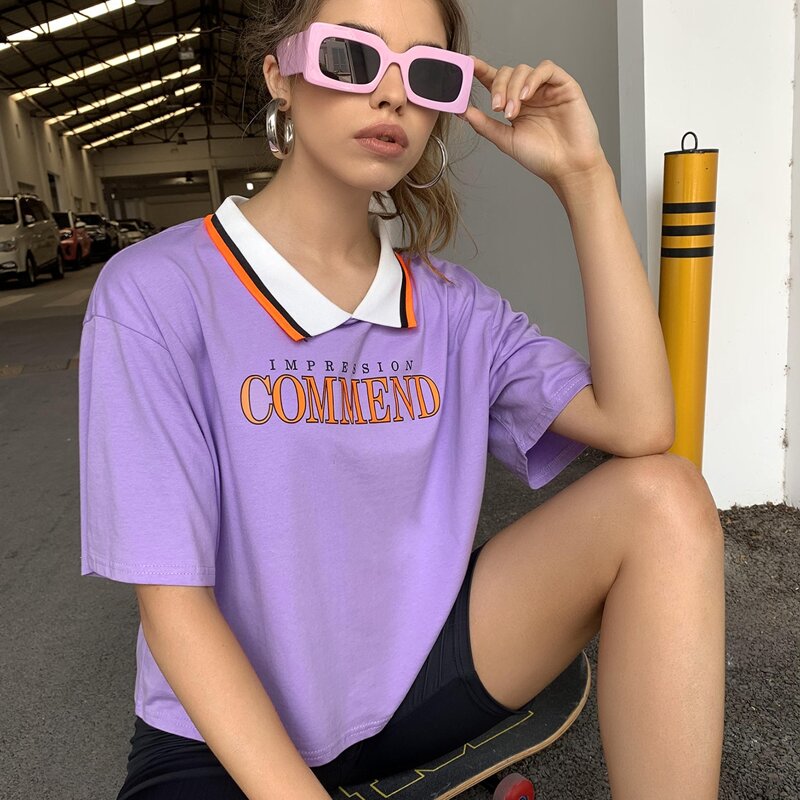 

Striped Collar Letter Graphic Top, Lilac purple