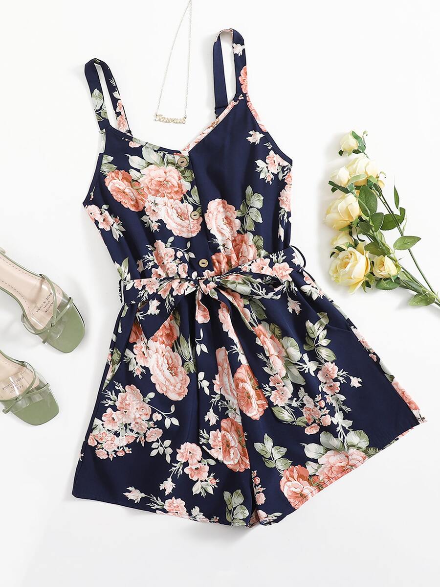 SHEIN 自腰帶印花吊帶連身短褲 - 彩色 - 查看 1