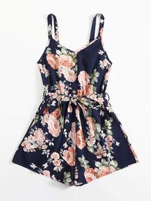 SHEIN 自腰帶印花吊帶連身短褲 - 彩色 - 查看 4