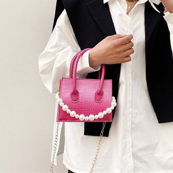 

Faux Pearl Decor Croc Embossed Satchel Bag, Hot pink