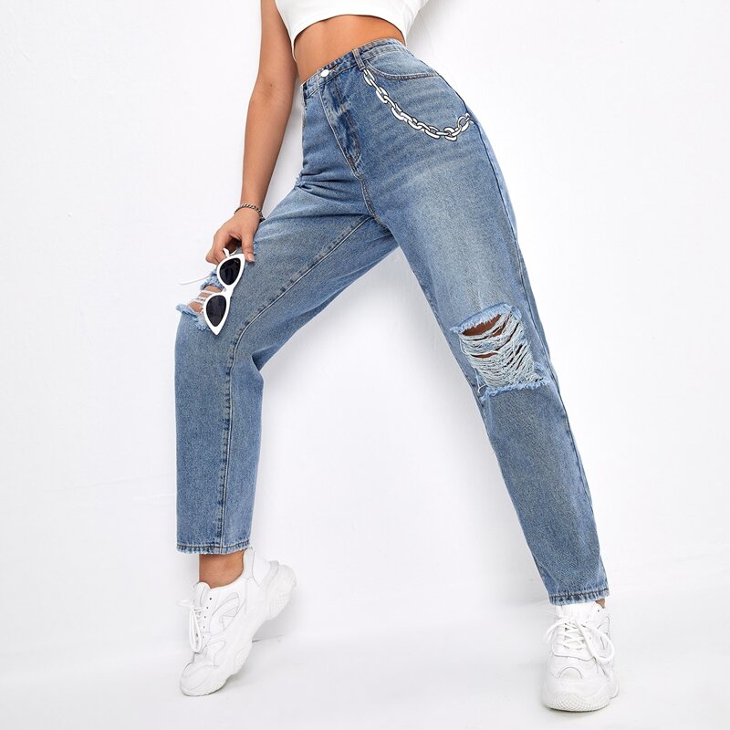 

High Waist Chain Print Ripped Jeans, Medium wash