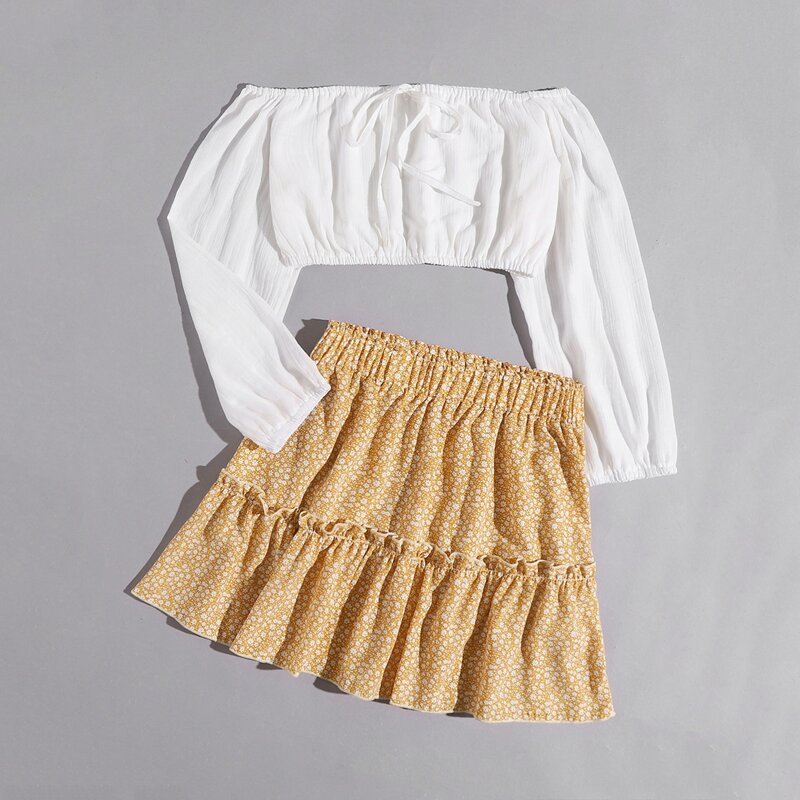 

Off The Shoulder Crop Top & Ditsy Floral Skirt, Multicolor