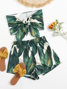 Soleia Tie Front Tropical Print Tube Top & Shorts Set - Multicolor - View 1