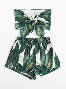 Soleia Tie Front Tropical Print Tube Top & Shorts Set - Multicolor - View 3