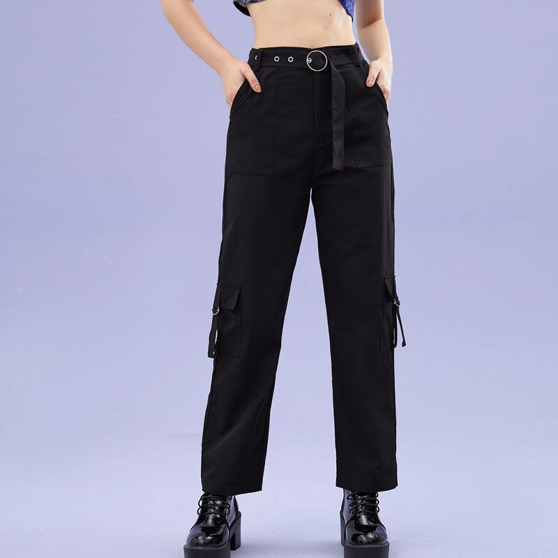 

Solid Grommet Eyelet Cargo Pants, Black