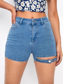 Shorts mezclilla ajustados con abertura - Lavado ligero - Ver 1