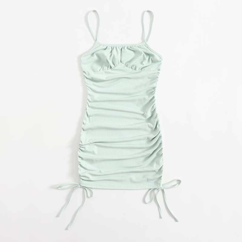 

Solid Drawstring Ruched Bodycon Dress, Mint green