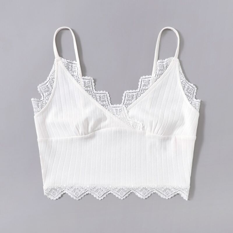 

Contrast Lace Ribbed Crop Cami, White
