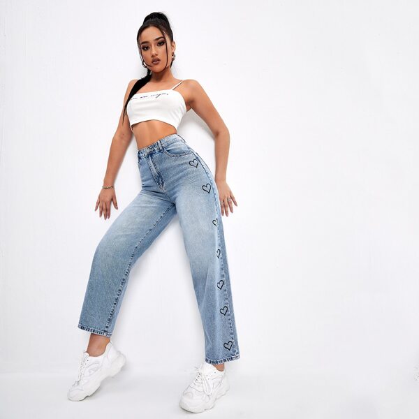 

High Waist Heart Print Jeans, Light wash