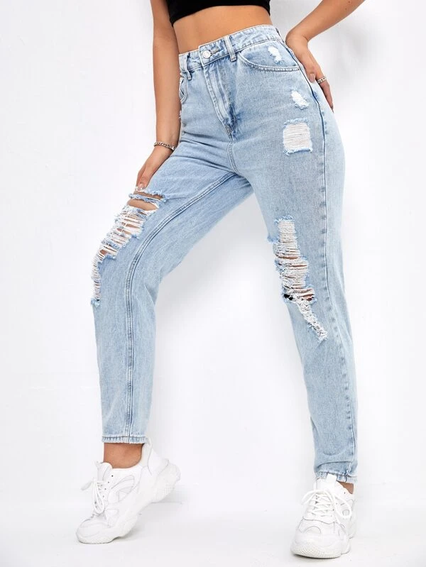 High Waist Ripped Mom Jeans Romwe Usa