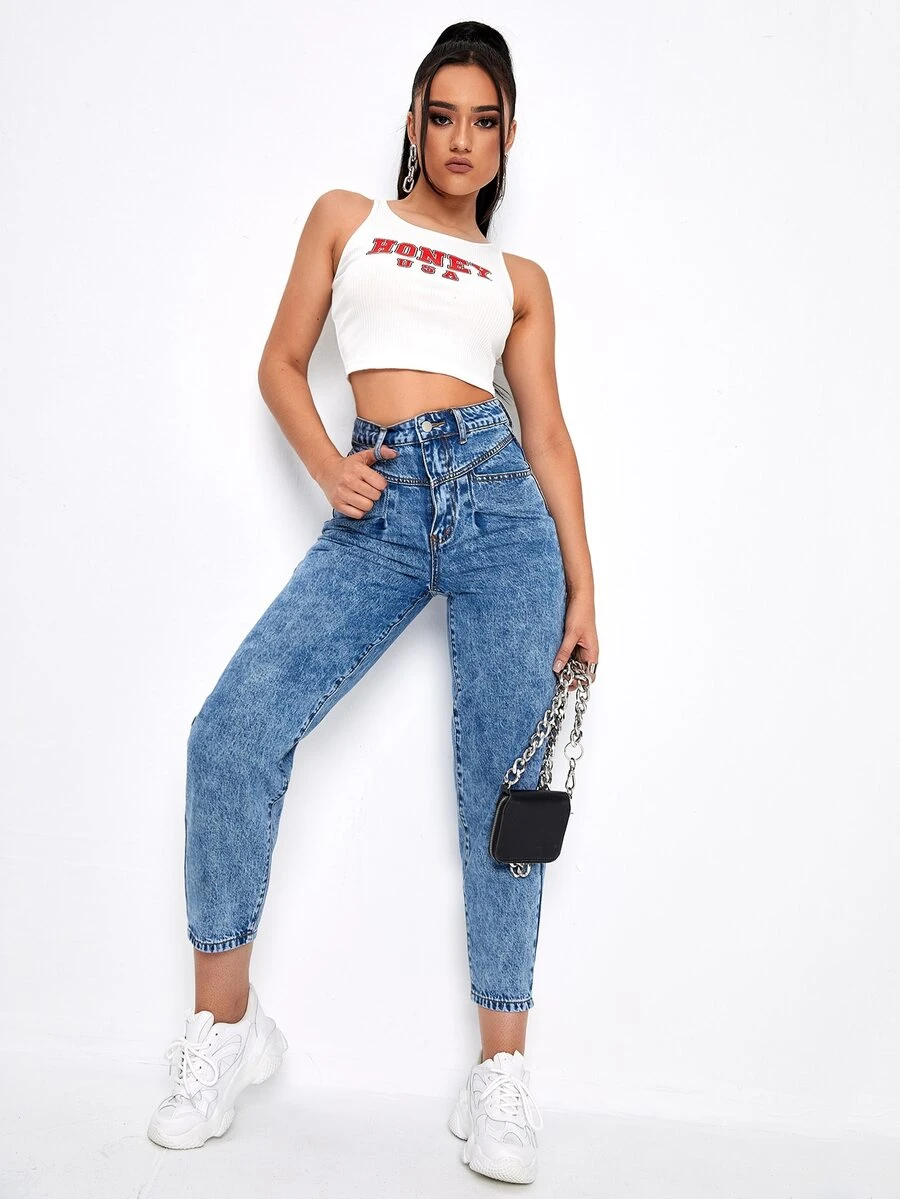 Jeans mom cortos de cintura alta - Azul lavado medio - Ver 1