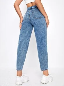 Jeans mom cortos de cintura alta - Azul lavado medio - Ver 2