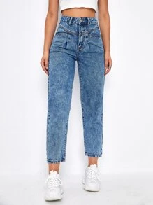 Jeans mom cortos de cintura alta - Azul lavado medio - Ver 4