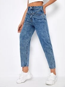 Jeans mom cortos de cintura alta - Azul lavado medio - Ver 5