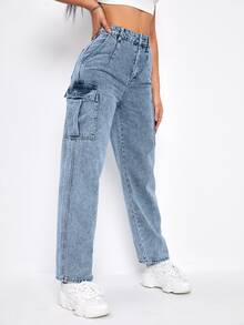 Jeans rectos de cintura alta - Lavado ligero - Ver 3