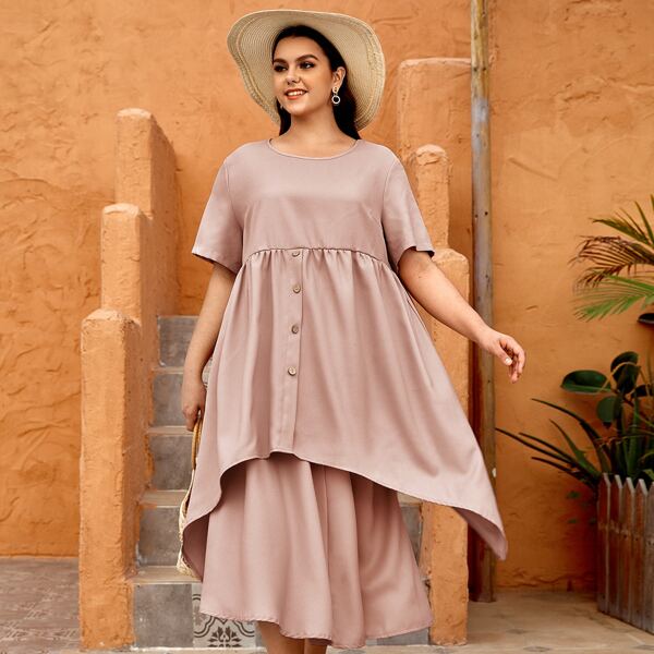

Plus Button Front Peplum Top With Skirt, Dusty pink