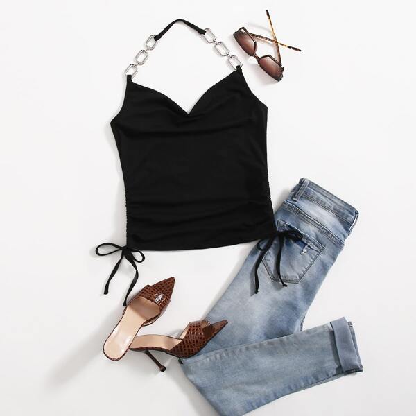

Drawstring Side Chain Detail Halter Top, Black