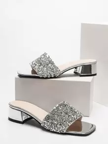 Spring/Summer Sequin Decor Chunky Mules, Women's Silver Sequined Solid Color Party High Heeled Sandals - Silver - View 1