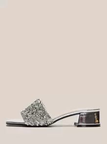 Spring/Summer Sequin Decor Chunky Mules, Women's Silver Sequined Solid Color Party High Heeled Sandals - Silver - View 2