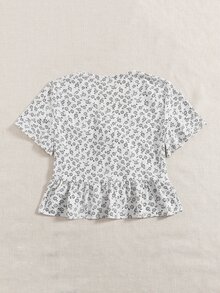 Knot Front Ditsy Floral Ruffle Hem Blouse - White - View 2