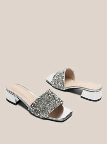 Spring/Summer Sequin Decor Chunky Mules, Women's Silver Sequined Solid Color Party High Heeled Sandals - Silver - View 3
