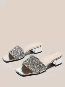 Spring/Summer Sequin Decor Chunky Mules, Women's Silver Sequined Solid Color Party High Heeled Sandals - Silver - View 4