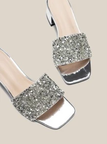 Spring/Summer Sequin Decor Chunky Mules, Women's Silver Sequined Solid Color Party High Heeled Sandals - Silver - View 5