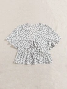 Knot Front Ditsy Floral Ruffle Hem Blouse - White - View 4