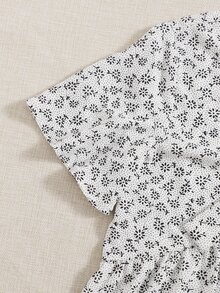 Knot Front Ditsy Floral Ruffle Hem Blouse - White - View 5