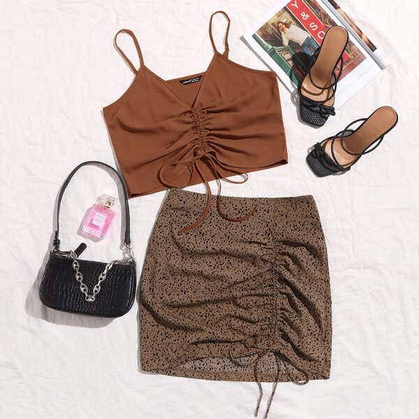 

Ruched Drawstring Knot Crop Cami Top, Rust brown