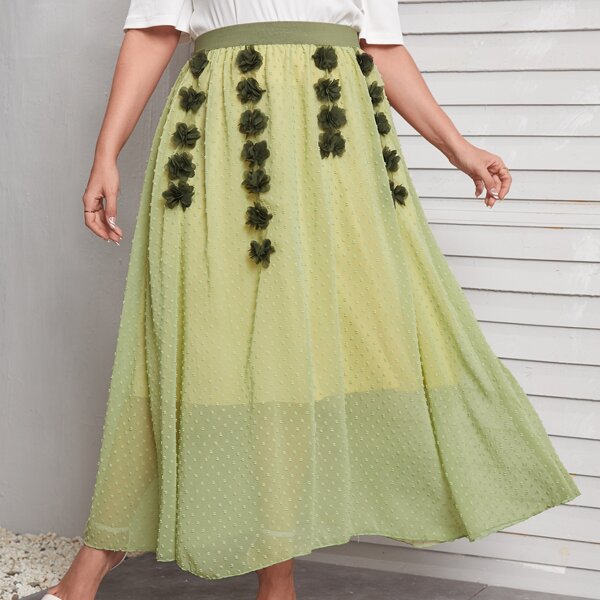 

Plus Chiffon Swiss Dot Stereo Floral Skirt, Green