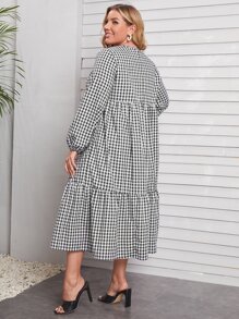 Mulvari 大碼格紋燈籠袖荷葉邊下擺娃娃裙 - 黑與白 - 查看 2