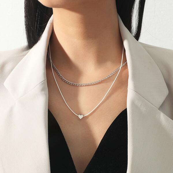 

2pcs Heart Charm Necklace, Silver