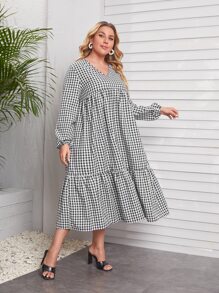 Mulvari 大碼格紋燈籠袖荷葉邊下擺娃娃裙 - 黑與白 - 查看 3