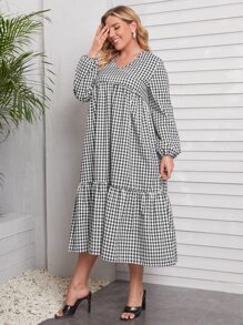 Mulvari 大碼格紋燈籠袖荷葉邊下擺娃娃裙 - 黑與白 - 查看 4