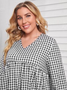 Mulvari 大碼格紋燈籠袖荷葉邊下擺娃娃裙 - 黑與白 - 查看 5