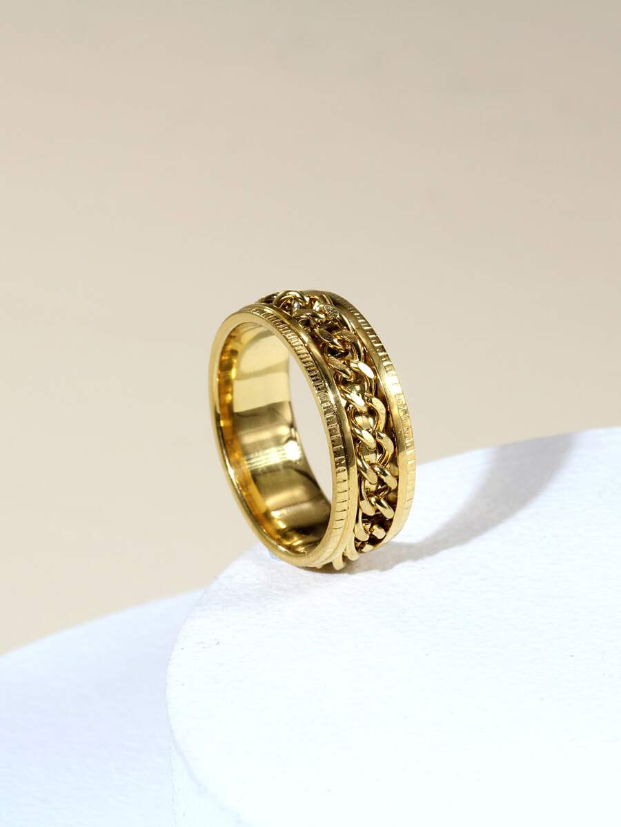 時尚流行男士鏈條裝飾戒指不銹鋼，適合珠寶禮物和時尚外觀 - 金黃色 - 查看 1