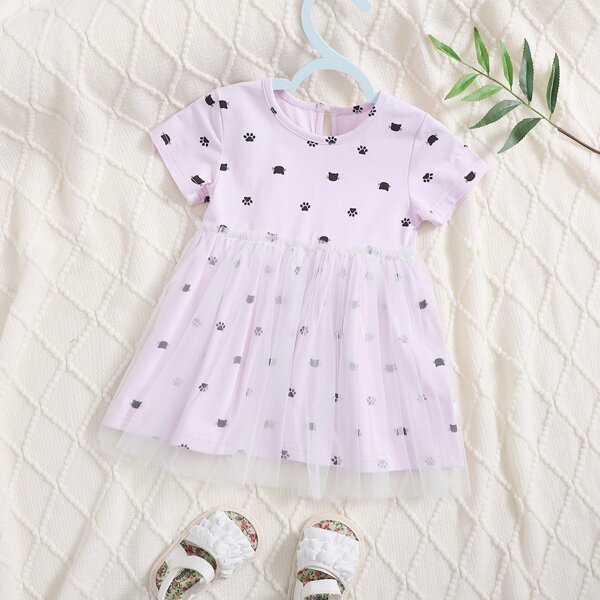 

Baby Girl Cartoon Graphic Mesh Panel Dress, Lilac purple