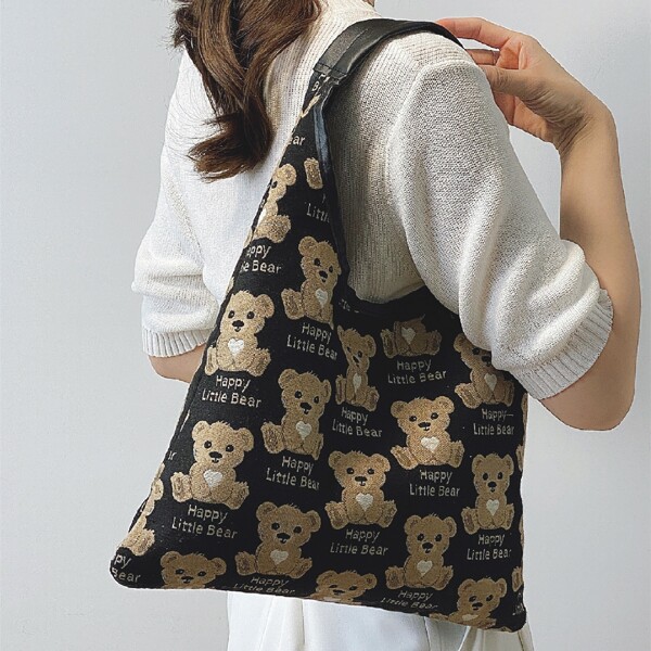 

Cartoon Bear Pattern Shoulder Bag, Black