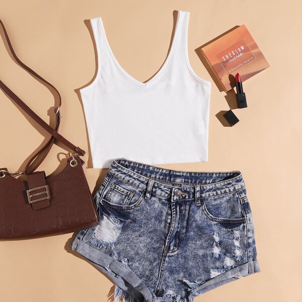 

V Neck Solid Rib-knit Tank Top, White