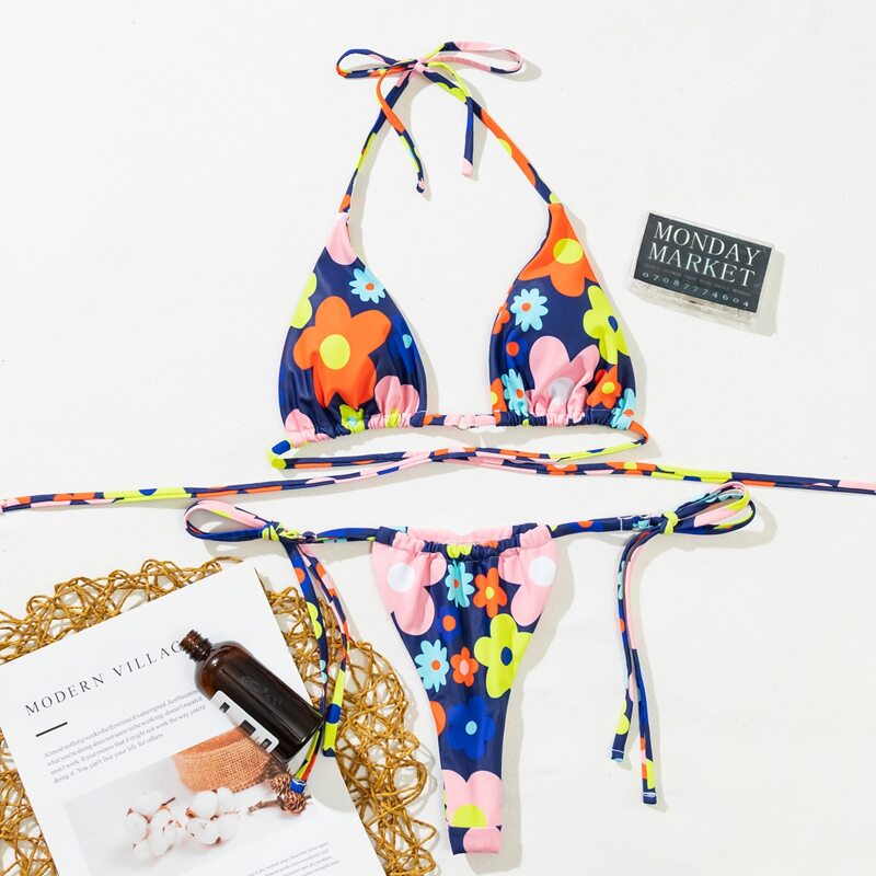 

Floral Triangle Thong Bikini Swimsuit, Multicolor