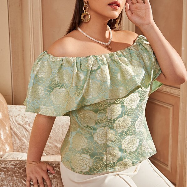 

Plus Jacquard Ruffle Trim Bardot Blouse, Multicolor