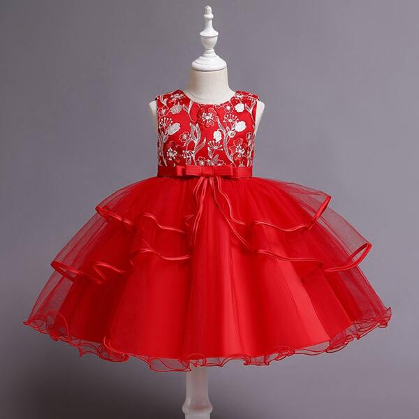 

Toddler Girls Floral Embroidered Mesh-hem Party Dress, Red