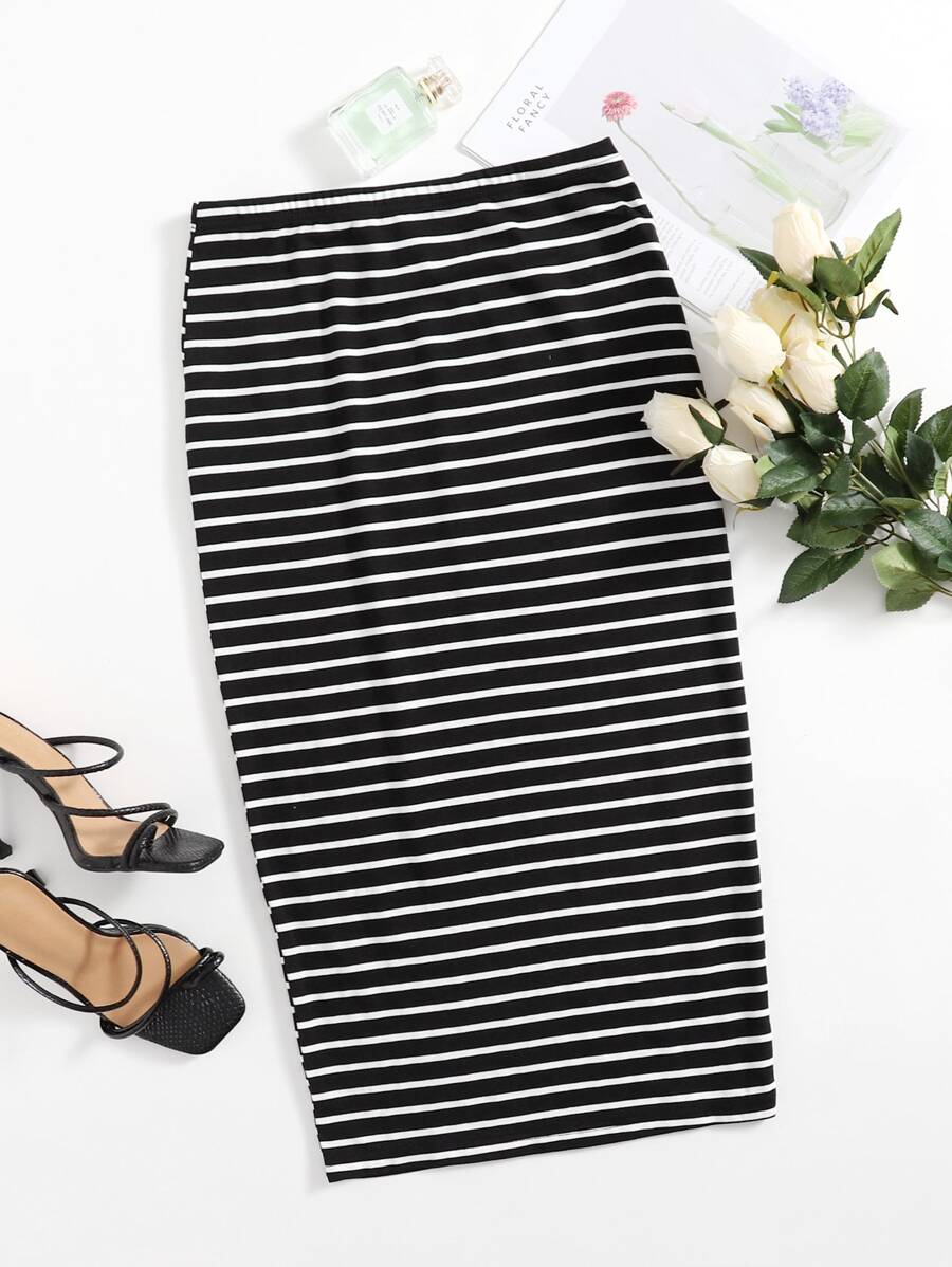 SHEIN Essnce Falda lápiz de rayas - Blanco y Negro - Ver 1