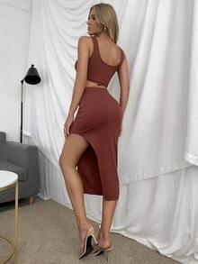 Solid Tank Top & Split Thigh Skit Set