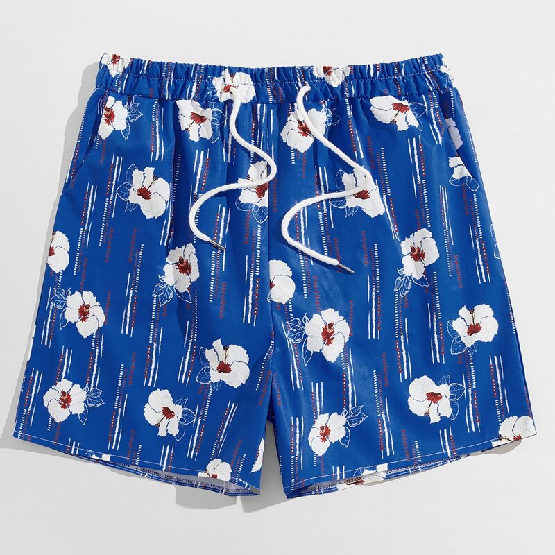 

Guys Floral Print Drawstring Shorts 5'', Blue