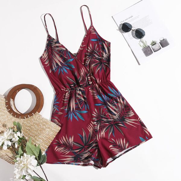 

Surplice Neck Tropical Print Cami Romper, Multicolor